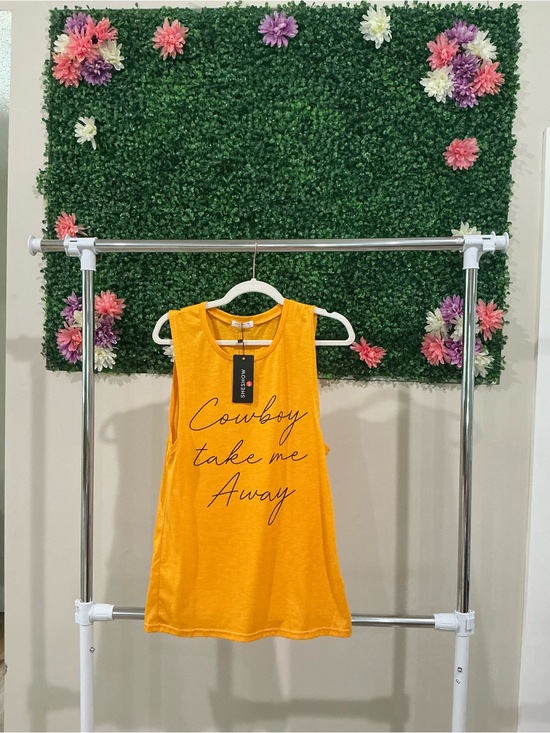 Sheshow Tops - Cowboy Take Me Away Yellow Graphic Muscle Tank